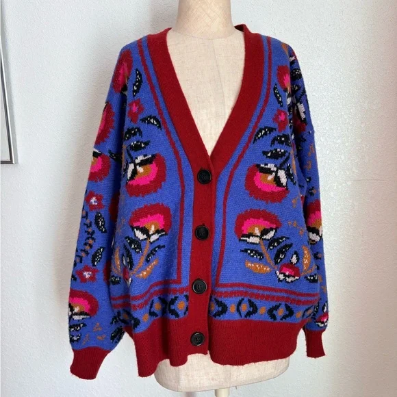 Farm Rio Knit Wool Blend Cardigan Palms Paradise Teal Floral Print Sweater S
